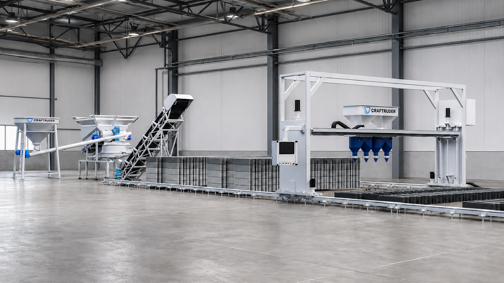 CRAFTRUDER industrial concrete 3D printing line inside a prefab factory