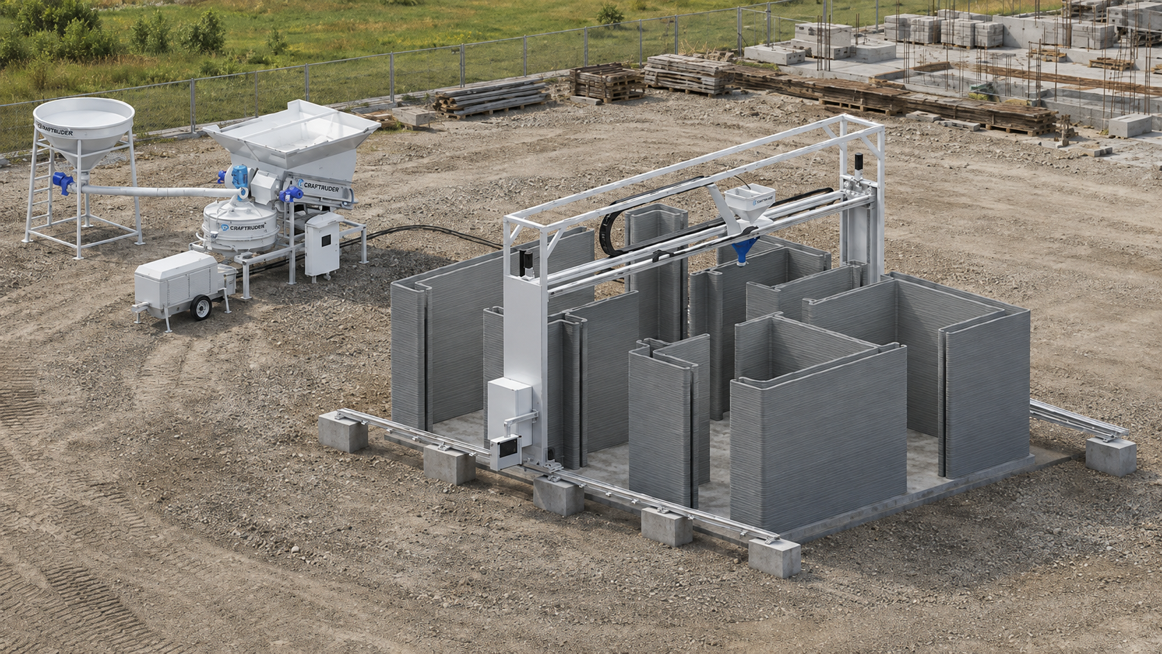 CRAFTRUDER on-site concrete house printer building walls directly on the foundation